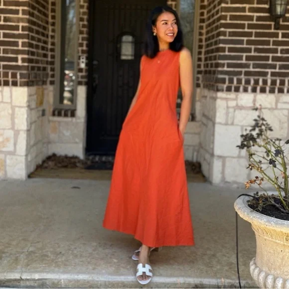 Zara Orange Sleeveless Linen Blend Maxi Sheath Dress Size Small - Picture 12 of 16